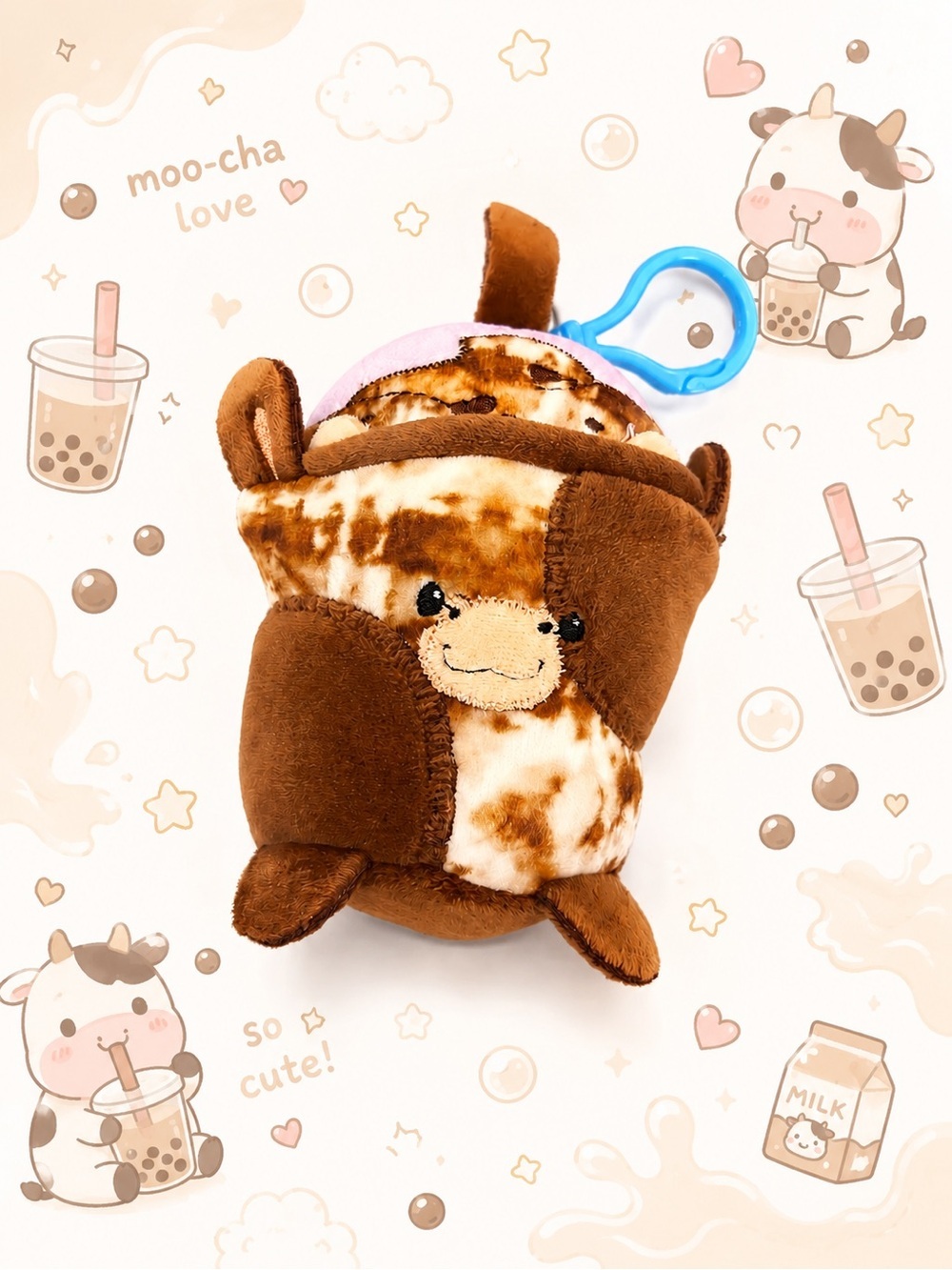 🐮🧋ANIMAL ADVENTURE NWOT Cute Cow Boba Tea Mini Plush Clip Kawaii Backpack Charm